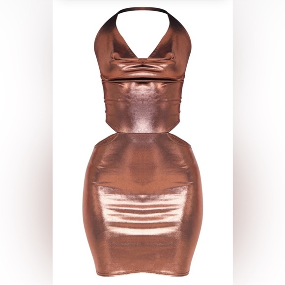 PLT Petite Brown Metallic Cowl Neck Mini Cut Out Dress -  NWT - Picture 5 of 5